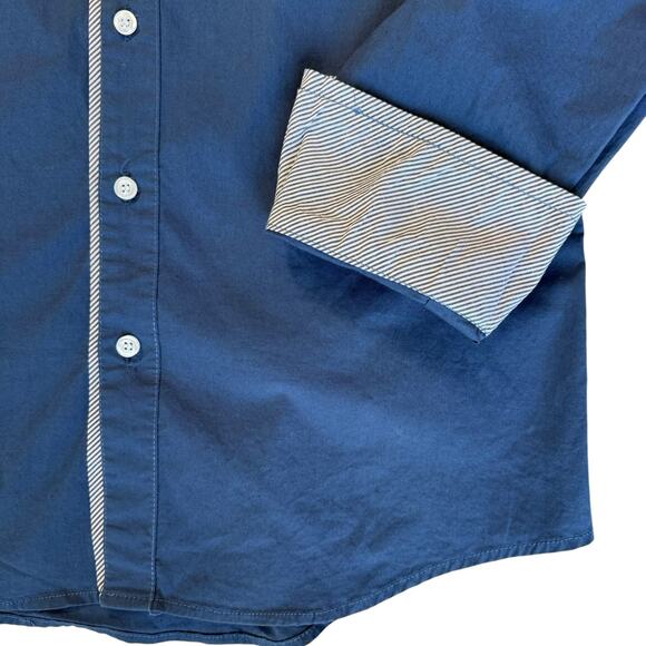 Blue Button Down Dress Shirt Mens Large Fitted Lapel Cuff Accent Going Out Chic - Picture 3 of 12